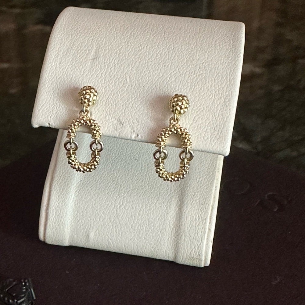 Lagos 18k yellow gold Petite Superfine Caviar drop earrings.